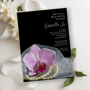 Invitation Orchidée rose et perles sur Fête des mariées noire