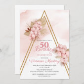 Invitation Orchidée rose pâle Séchée Palm Feuilles 50e annive (Devant / Derrière)