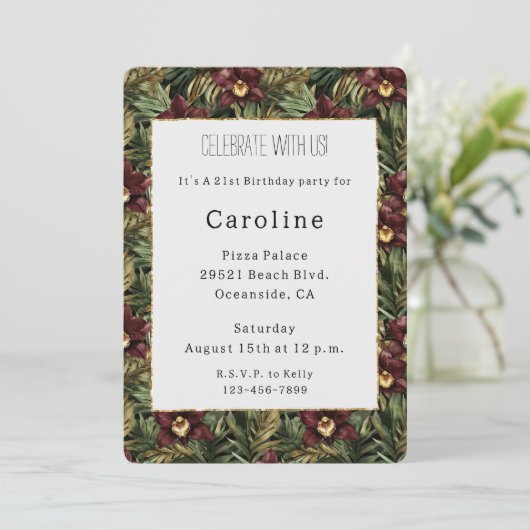 Invitation Orchidée rouge tropicale bordeaux Anniversaire flo (Debout devant)