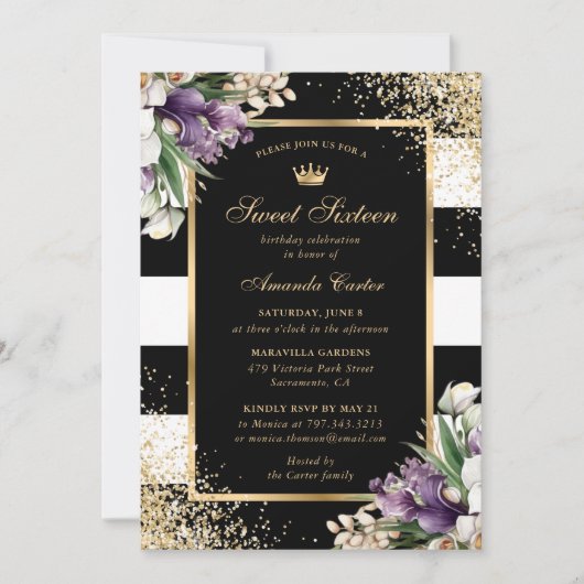 Invitation Orchidée violette blanche noire 16 Anniversaire (Devant)