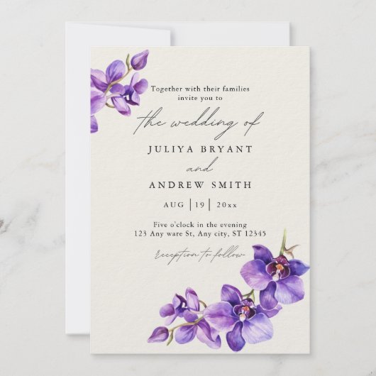 Invitation Orchidée violette en mariage de script Cream (Devant)