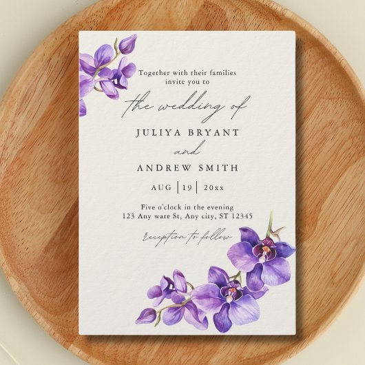 Invitation Orchidée violette en mariage de script Cream