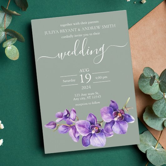 Invitation Orchidée violette en mer vert Script mariage