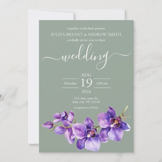 Invitation Orchidée violette en mer vert Script mariage (Devant)