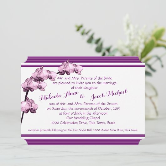 Invitation Orchidée violette et rayures (Debout devant)