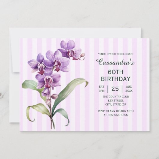 Invitation Orchidée violette moderne rayures florales 60e ann (Devant)