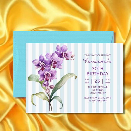 Invitation Orchidée violette Vert rayures Floral 30e annivers
