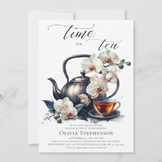 Invitation Orchidées blanches Aquarelle Script Thé nuptiale D (Devant)