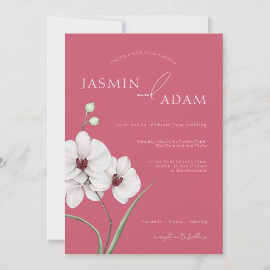 Invitation Orchidées Blanches Magenta Pink Initiales Mariage (Devant)