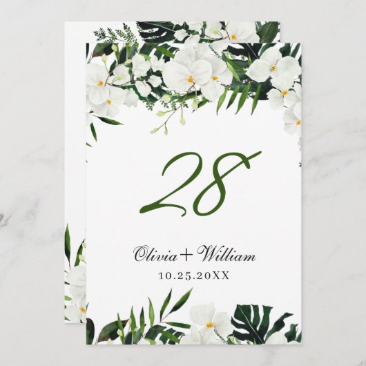 Invitation Orchidées blanches Mariage de Bohême Numéro de tab (Devant / Derrière)