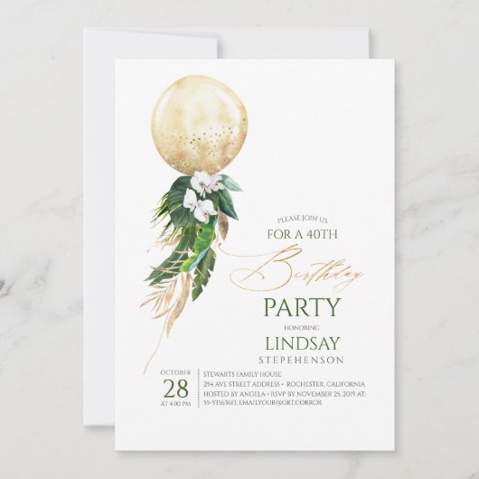 Invitation Orchidées blanches Palm Feuille or Balloon Anniver (Devant)