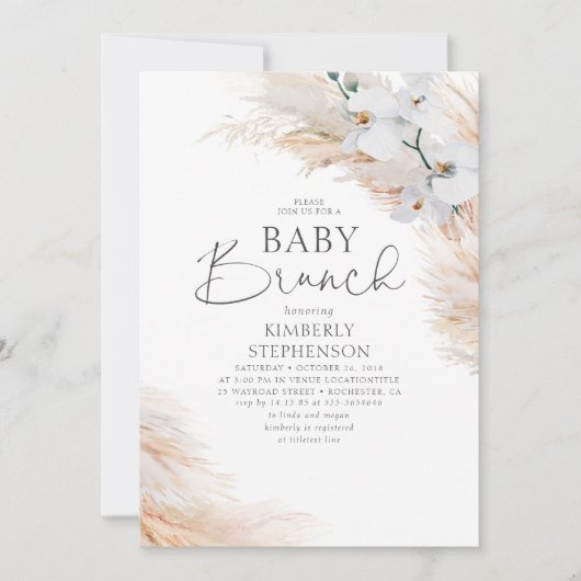 Invitation Orchidées Blanches Pampas Baby shower de Brunch Gr (Devant)