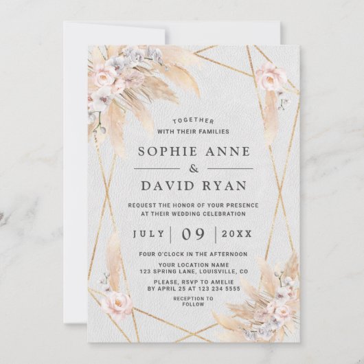 Invitation Orchidées blanches Rose Pampas Mariage d'or en lai (Devant)