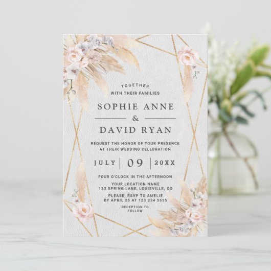 Invitation Orchidées blanches Rose Pampas Mariage d'or en lai (Debout devant)