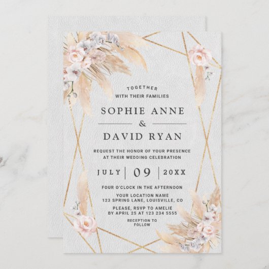 Invitation Orchidées blanches Rose Pampas Mariage d'or en lai (Devant / Derrière)