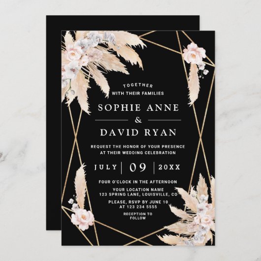 Invitation Orchidées blanches Rose rose Pampas Grass Mariage (Devant / Derrière)