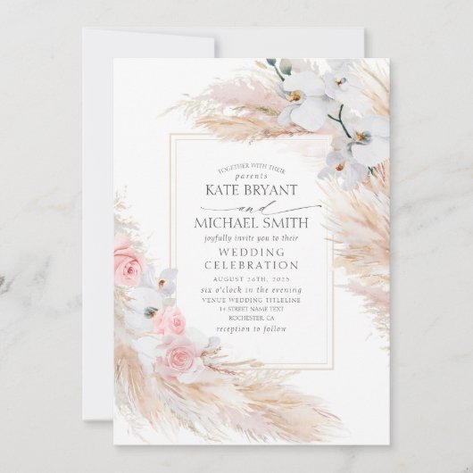 Invitation Orchidées blanches Roses bleus et Pampas Mariage e (Devant)