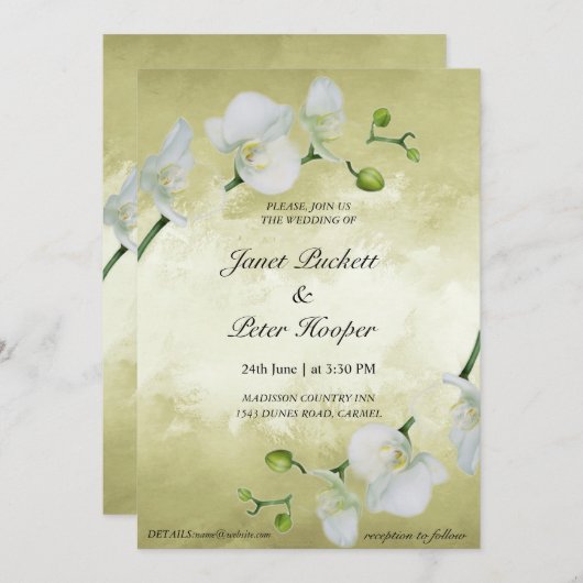 Invitation Orchidées blanches sur mariage arrière - plan doré (Devant / Derrière)