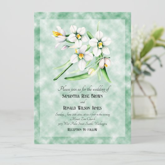 Invitation Orchidées blanches sur mariage arrière - plan vert (Debout devant)