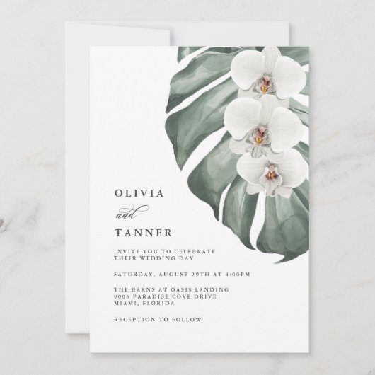 Invitation Orchidées blanches sur Monstera Mariage tropical (Devant)