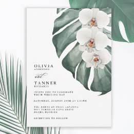 Invitation Orchidées blanches sur Monstera Mariage Tropical