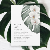 Invitation Orchidées blanches sur Monstera Mariage tropical