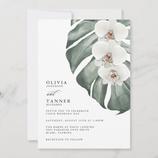Invitation Orchidées blanches sur Monstera Mariage tropical (Devant)