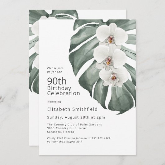 Invitation Orchidées blanches sur Monstera Tropical 90e anniv (Devant / Derrière)