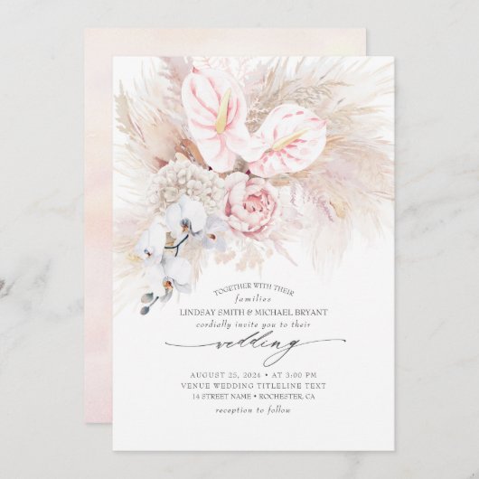 Invitation Orchidées d'anthurium rose et Mariage d'herbe de P (Devant / Derrière)