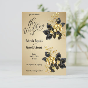 Invitation Orchidées d'or romantique noire Mariage floral