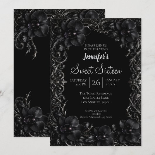 Invitation Orchidées noires gothiques Sweet 16 (Devant / Derrière)