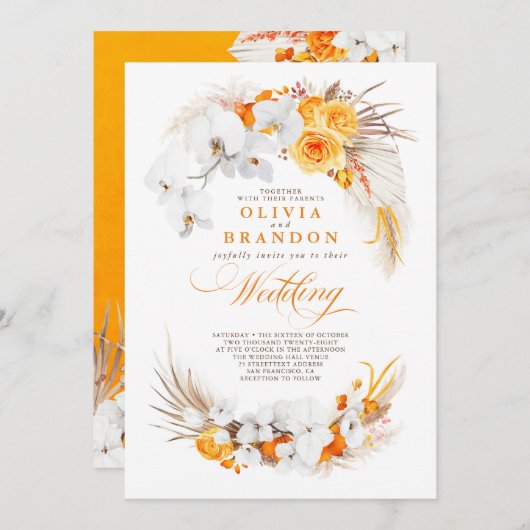 Invitation Orchidées Orange et Blanc Fleurs Boho Mariage (Devant / Derrière)