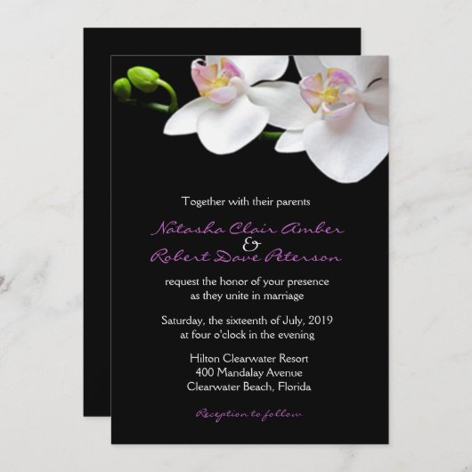 Invitation Orchidées roses blanches sur mariage noir/toute oc (Devant / Derrière)