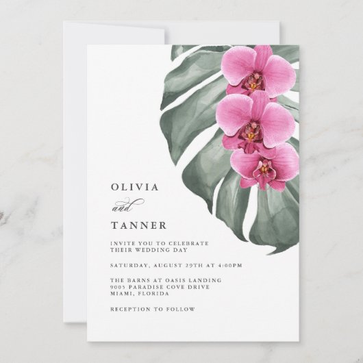 Invitation Orchidées roses chaudes Code QR Mariage tropical (Devant)
