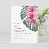 Invitation Orchidées roses chaudes Mariage tropical avec code (Debout devant)
