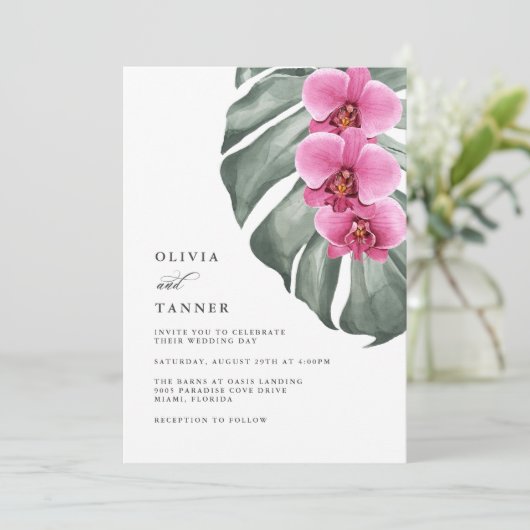 Invitation Orchidées roses chaudes Mariage tropical avec code (Debout devant)