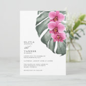 Invitation Orchidées roses chaudes sur Monstera Mariage tropi (Debout devant)