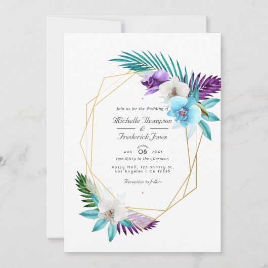 Invitation Orchidées tropicales géométriques Code QR Mariage (Devant)