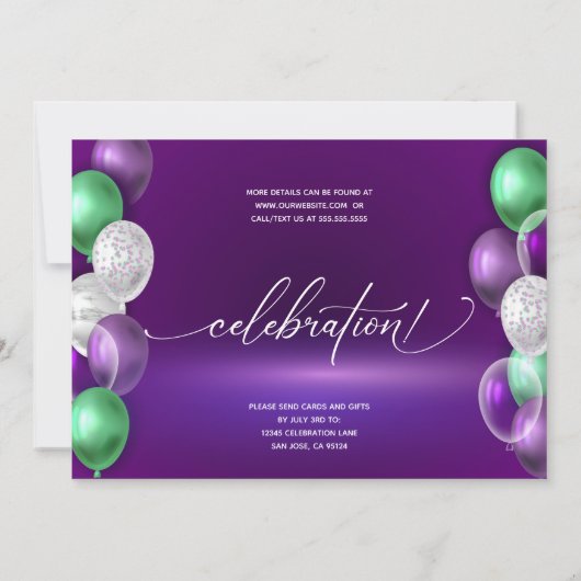 Invitation Ordinateur portable Ballons violets fête d'anniver (Dos)