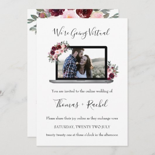 Invitation ordinateur portable mariage virtuel feuillage de f (Devant / Derrière)