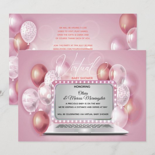 Invitation Ordinateur portable rose Dusty Virtual Baby Girl D (Devant / Derrière)