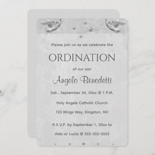 Invitation Ordination Bleu Angels Étoiles (Devant / Derrière)