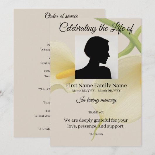 Invitation Ordre de service lys calla (Devant / Derrière)