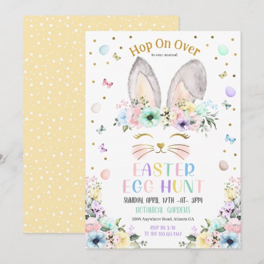 Invitation Oreilles de lapin pastel arc-en-ciel chasse aux œu (Devant / Derrière)