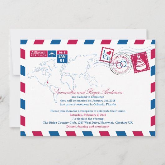 Invitation Orlando Floride Airmail Post mariage réception (Devant)