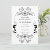 Invitation Ornat Black Floral Line Art Monogramme Mariage (Debout devant)