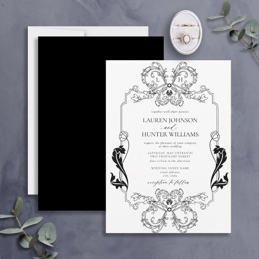 Invitation Ornat Black Floral Line Art Monogramme Mariage