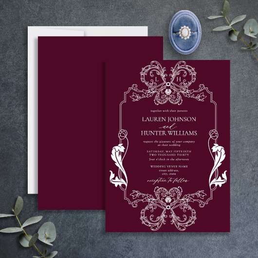 Invitation Ornat Bourgogne Floral Line Art Monogramme Mariage