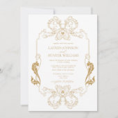 Invitation Ornat Gold Floral Line Art Monogramme Mariage (Devant)