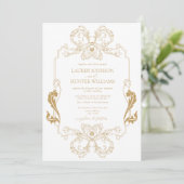 Invitation Ornat Gold Floral Line Art Monogramme Mariage (Debout devant)